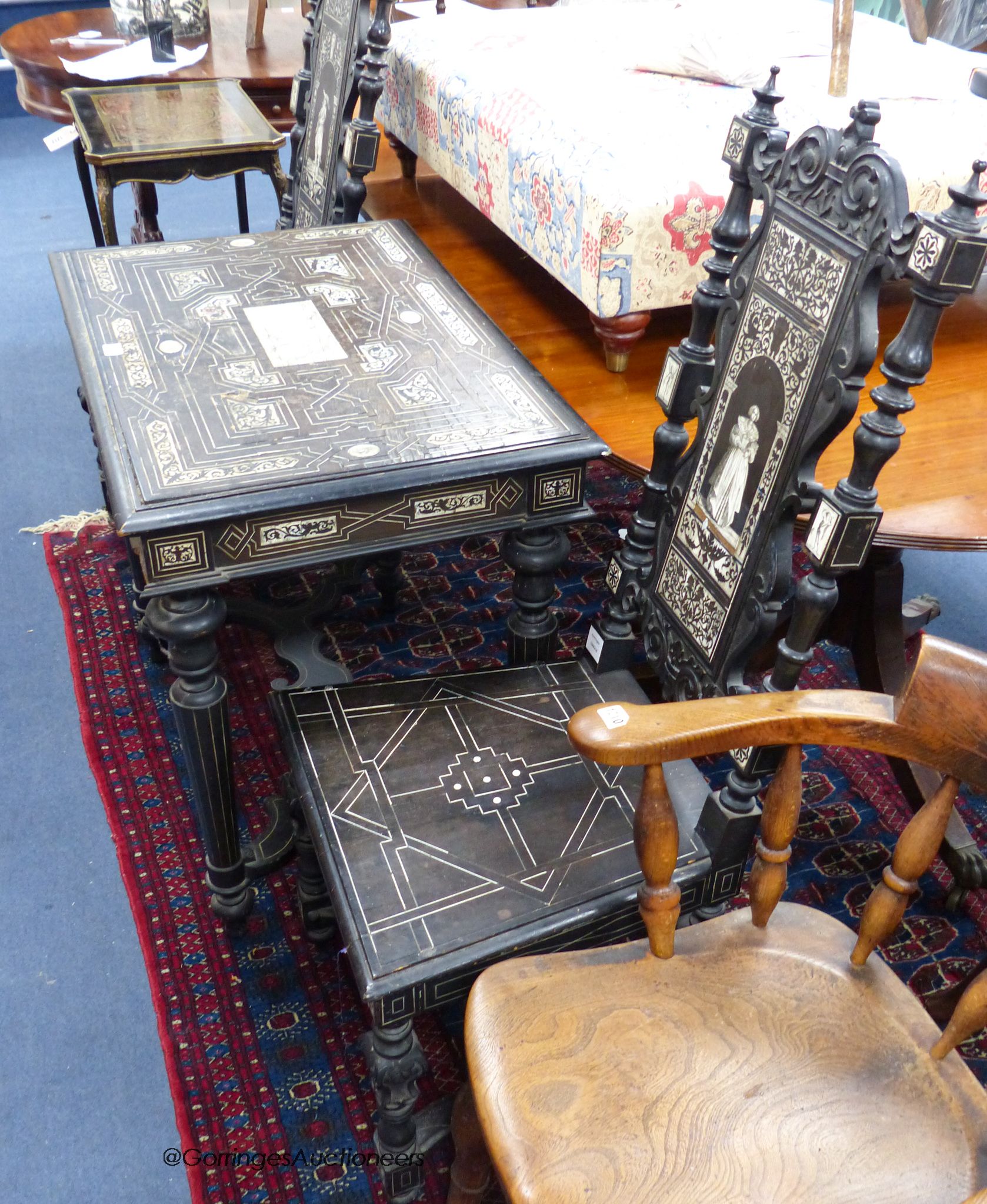 A pair of 19th century ivory inlaid ebony hall chairs and a similar table, table, W-80, D-56, H-75cm.